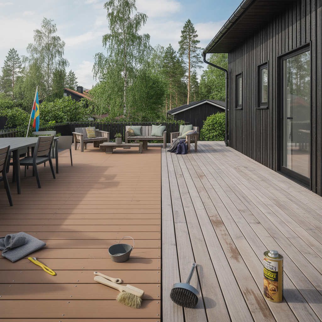 komposit eller tryckimpregnerad trall kostnad och underhall