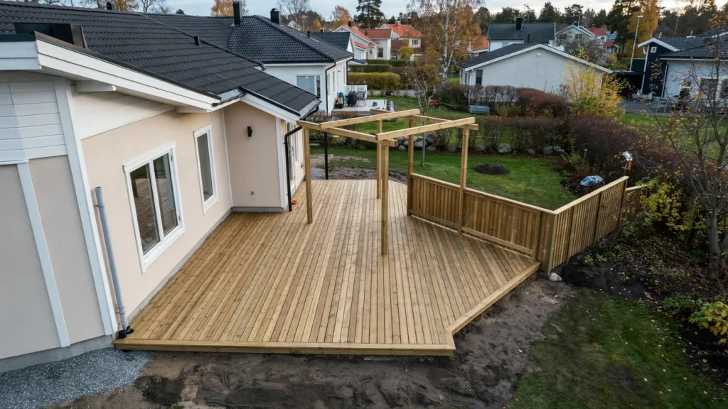 uteplats med pergola och staket i k llered